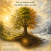 Mono Bor (B) – illustratives Affirmationsbild mit einem tief verwurzelten Baum im Wandel der Jahreszeiten und der Affirmation „Ich verändere mich und bleibe dabei geerdet.“