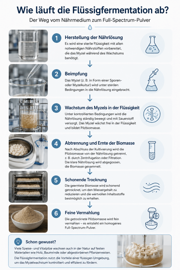 Infografik zur Flüssigfermentation bei Vitalpilzen – von der Herstellung der Nährlösung über das Wachstum des Myzels bis zur Ernte, Trocknung und Vermahlung zu Full-Spectrum-Pulver.