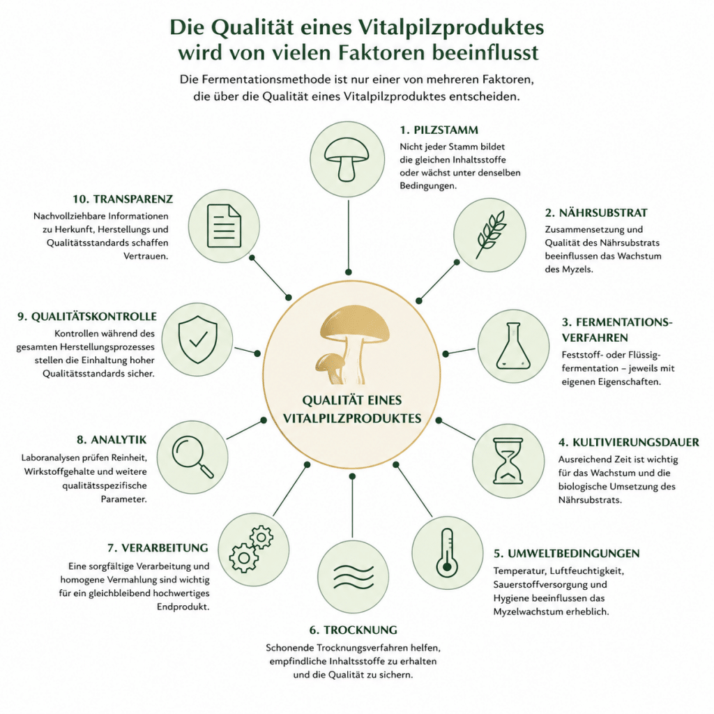Infografik zu den wichtigsten Einflussfaktoren auf die Qualität eines Vitalpilzproduktes mit einer Übersicht über Pilzstamm, Nährsubstrat, Fermentationsverfahren, Kultivierungsdauer, Umweltbedingungen, Trocknung, Verarbeitung, Analytik, Qualitätskontrolle und Transparenz.