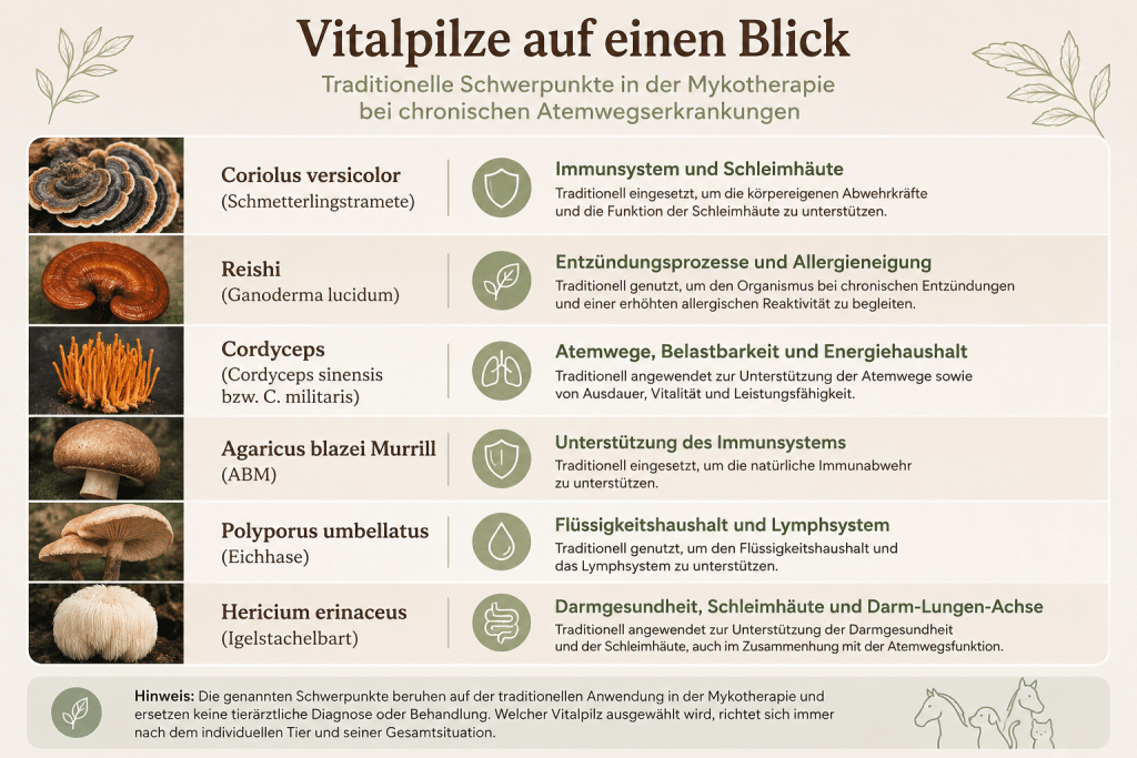 Infografik mit den wichtigsten Vitalpilzen bei chronischen Atemwegserkrankungen und ihren traditionellen Schwerpunkten in der Mykotherapie: Coriolus, Reishi, Cordyceps, Agaricus blazei Murrill, Polyporus und Hericium.